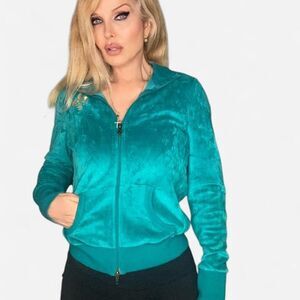 Guess Women's Emerald Green Velour Zip-Up Jacket S-M